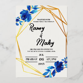 陽気なブルーバラ結婚式招待状 箔招待状