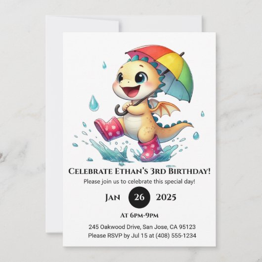 陽気なベビードラゴンインザレイン誕生日 招待状 (正面)