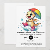 陽気なベビードラゴンインザレイン誕生日 招待状 (正面/裏面)