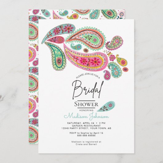 陽気なペイズリーピンク&ターコイズフォークアートフローラ 招待状 (正面/裏面)