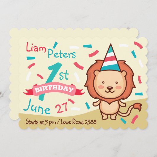 陽気なライオンファースト誕生日招待状 招待状 (正面/裏面)
