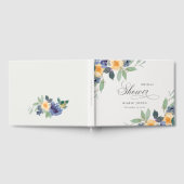 陽気なルースドスタイルのイエローとブルーの花のブライダルシャワー ゲストブック (全面)
