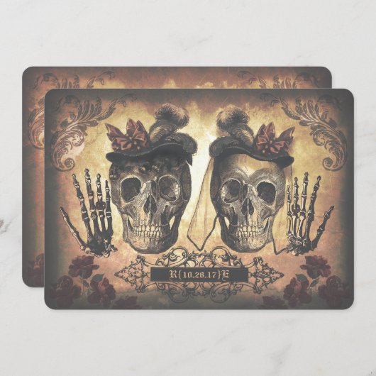 陽気なレズビアンの女性のカップルのスカルのゴシック様式結婚式 招待状 (正面/裏面)