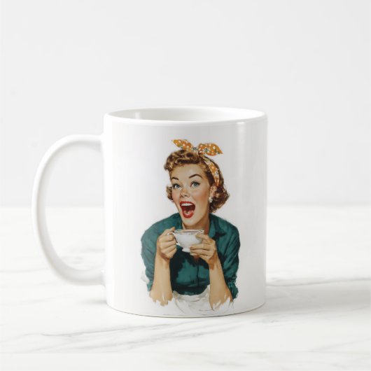 陽気なレトロスタイルの女性がコーヒーを楽しむ コーヒーマグカップ (左)