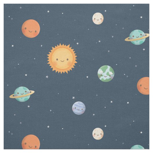 陽気な太陽と惑星の宇宙テーマ ファブリック (見本)