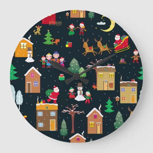 陽気な家族と雪の中のメリークリスマス ラージ壁時計 (正面)