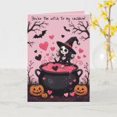 陽気な小さな魔女と泡の出る大鍋 カード (黄色い花)