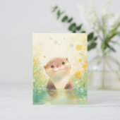 陽気な春の牧草地のかわいいカワウソ ポストカード (スタンド正面)