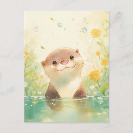 陽気な春の牧草地のかわいいカワウソ ポストカード (正面)