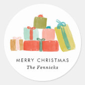 陽気な水色クリスマスプレゼント ラウンドシール (正面)