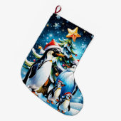 陽気な漫画スタイルの中の可愛いペンギン ラージクリスマスストッキング (正面 (吊り時))