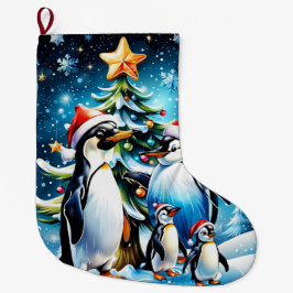 陽気な漫画スタイルの中の可愛いペンギン ラージクリスマスストッキング