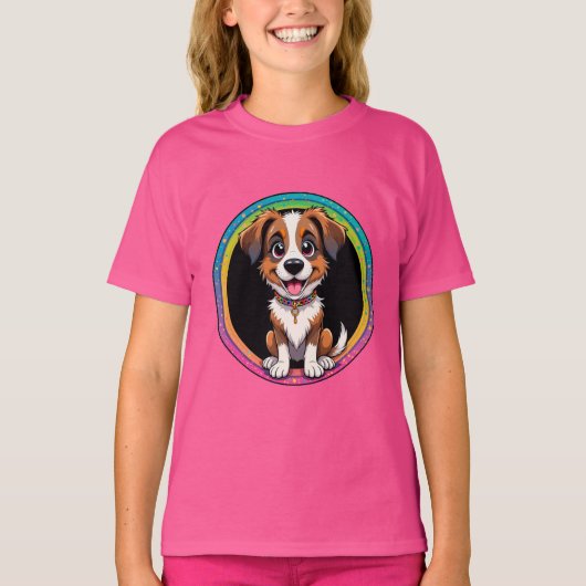 陽気な犬のカラフル漫画イラストレーション Tシャツ (正面)