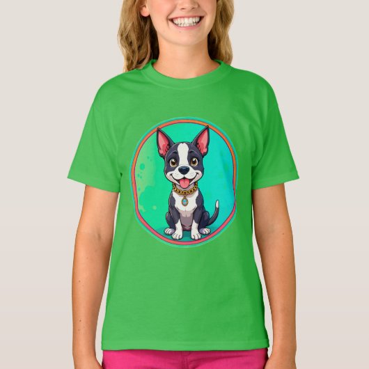 陽気な犬のカラフル漫画イラストレーション Tシャツ (正面)
