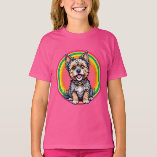 陽気な犬のカラフル漫画イラストレーション Tシャツ (正面)