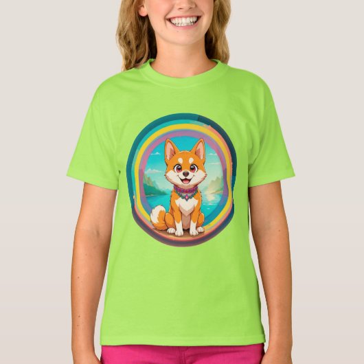 陽気な犬のカラフル漫画イラストレーション Tシャツ (正面)