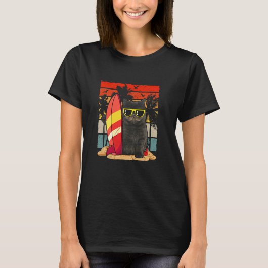 陽気な猫 夏の涼しい黒猫 海辺 Tシャツ (正面)