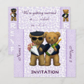 陽気な結婚式招待状-テディー・ベアの薄紫 招待状 (正面/裏面)