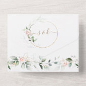 陽気な緑の金ゴールドピンク赤面の花結婚の数 オールインワン招待状 (裏面)