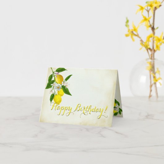 陽気な誕生日ウォーターカラーレモンと花 カード (黄色い花)