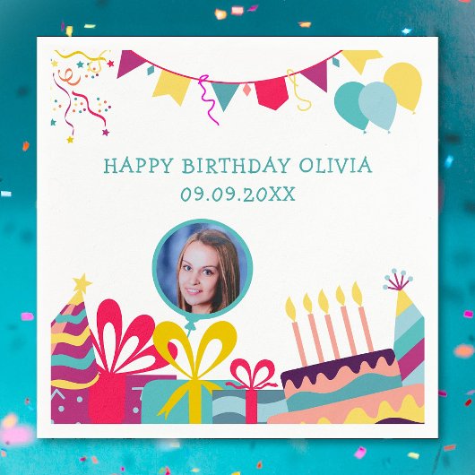 陽気な誕生日パーティーカスタムフォト文字 スタンダードカクテルナプキン