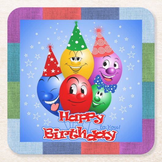 陽気な誕生日風船 スクエアペーパーコースター (正面)