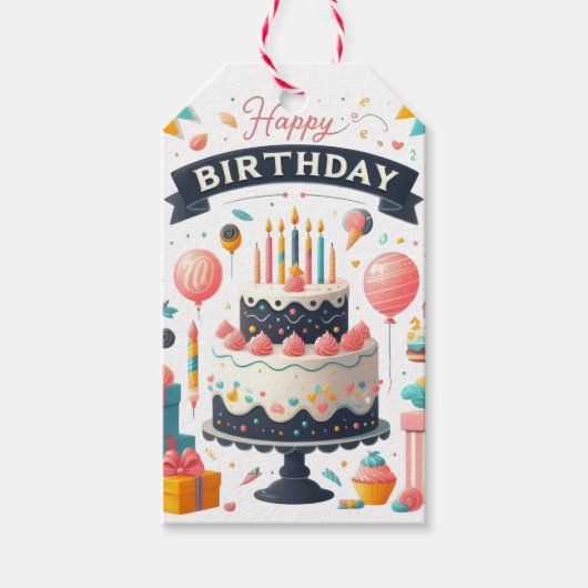 陽気な誕生祝いケーキ&バルーン ギフトタグ (正面)
