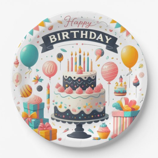 陽気な誕生祝いケーキ&バルーン ペーパープレート (正面)