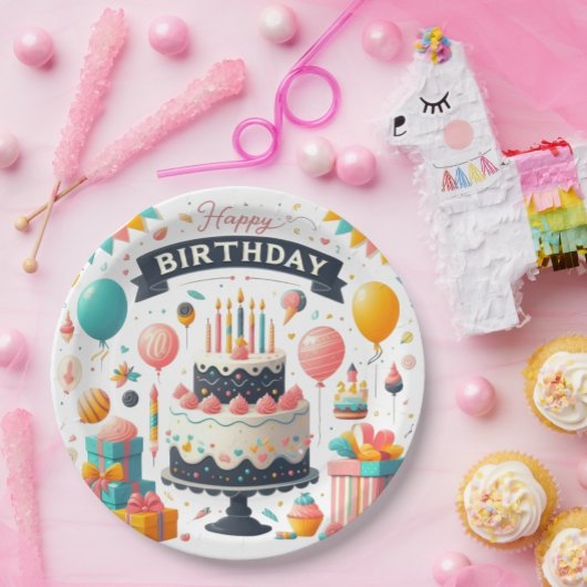 陽気な誕生祝いケーキ&バルーン ペーパープレート
