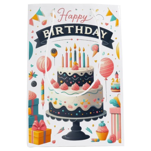 陽気な誕生祝いケーキ&バルーン ミディアムペーパーバッグ (正面)