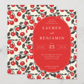 陽気な赤いチェリーイラストボーダー 招待状 (正面/裏面)