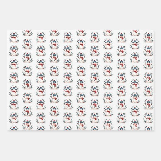 陽気な雪だるまと冬の葉のパターン ラッピングペーパーシート (正面3)