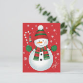 陽気な雪だるまのチェック柄マフラー 赤いクリスマス ホリデー シーズンポストカード (スタンド正面)