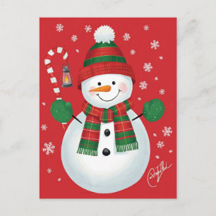 陽気な雪だるまのチェック柄マフラー 赤いクリスマス ホリデー シーズンポストカード
