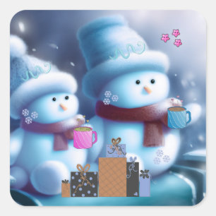 陽気な雪だるまカップル コーヒー スクエアシール