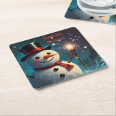 陽気な雪だるまパーティの招待状-フェスティバルカード。 スクエアペーパーコースター (アングル)