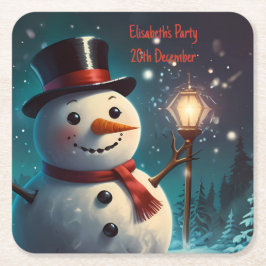 陽気な雪だるまパーティの招待状-フェスティバルカード。 スクエアペーパーコースター