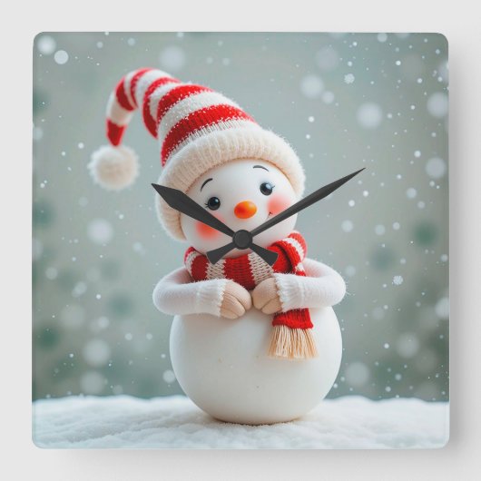 陽気な雪だるまフィギュアとホリデーハット スクエア壁時計 (正面)