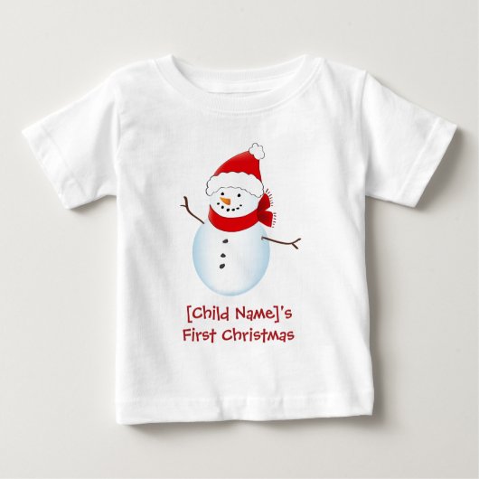 陽気な雪だるまベビーの初めてのクリスマスシャツ ベビーTシャツ (正面)