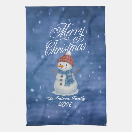 陽気な雪だるま メリークリスマス キッチンタオル (縦)