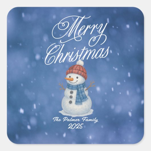 陽気な雪だるま メリークリスマス スクエアシール (正面)
