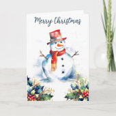陽気な雪だるま 冬の雪 ヒイラギ メリークリスマス シーズンカード (正面)