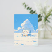 陽気な雪景色の中のかわいいペンギンの雛 ポストカード (スタンド正面)