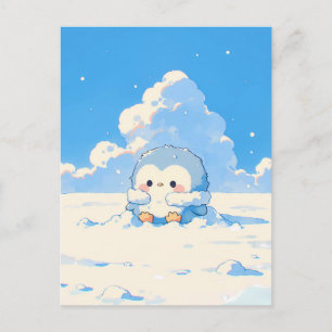 陽気な雪景色の中のかわいいペンギンの雛 ポストカード