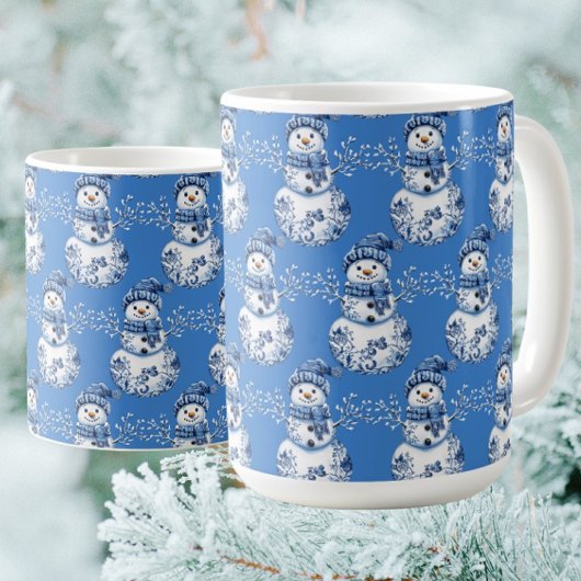 陽気な青と白のハッピー雪だるま コーヒーマグカップ