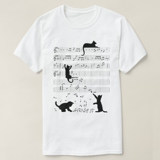 陽気な音楽と猫のデザイン　楽しい楽譜とペット愛好家 Tシャツ (デザイン正面)