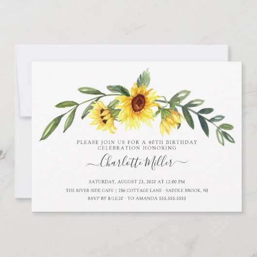 陽気な黄色いひまわりの誕生日パーティー 招待状 (正面)