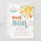 陽気な「Here Comes the Son」サンシャイン ベビーシャワー 招待状 (正面)