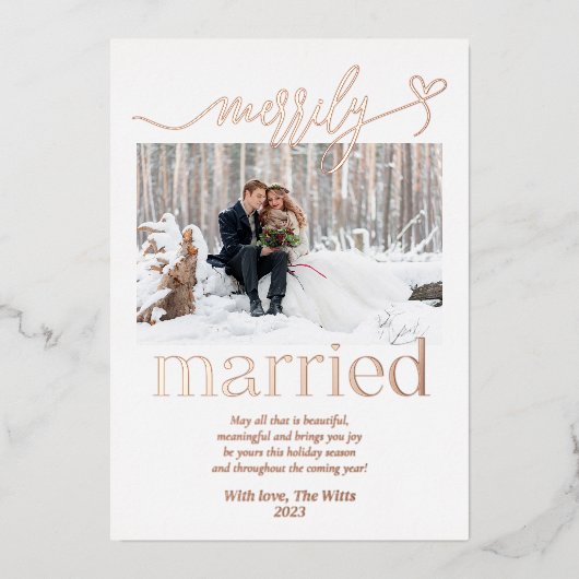 陽気に新結婚したしいクリスマス 箔シーズンカード (正面)