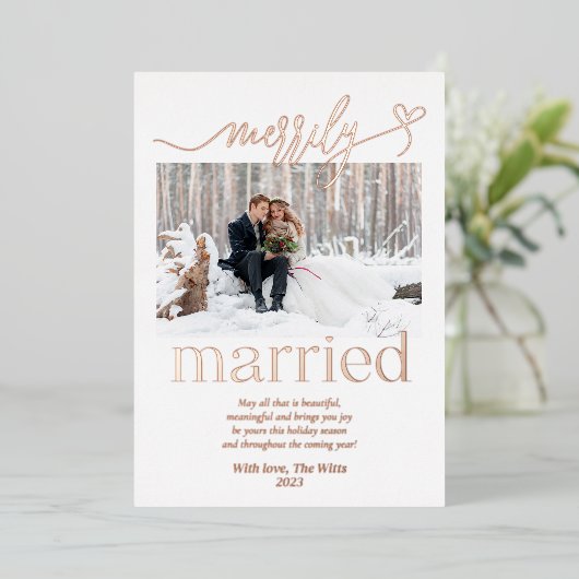 陽気に新結婚したしいクリスマス 箔シーズンカード (立ち正面)